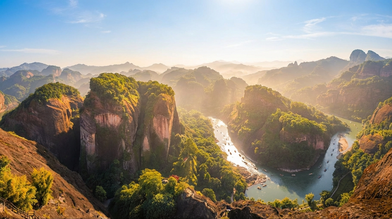 Панорама гор Уишань с чайными плантациями